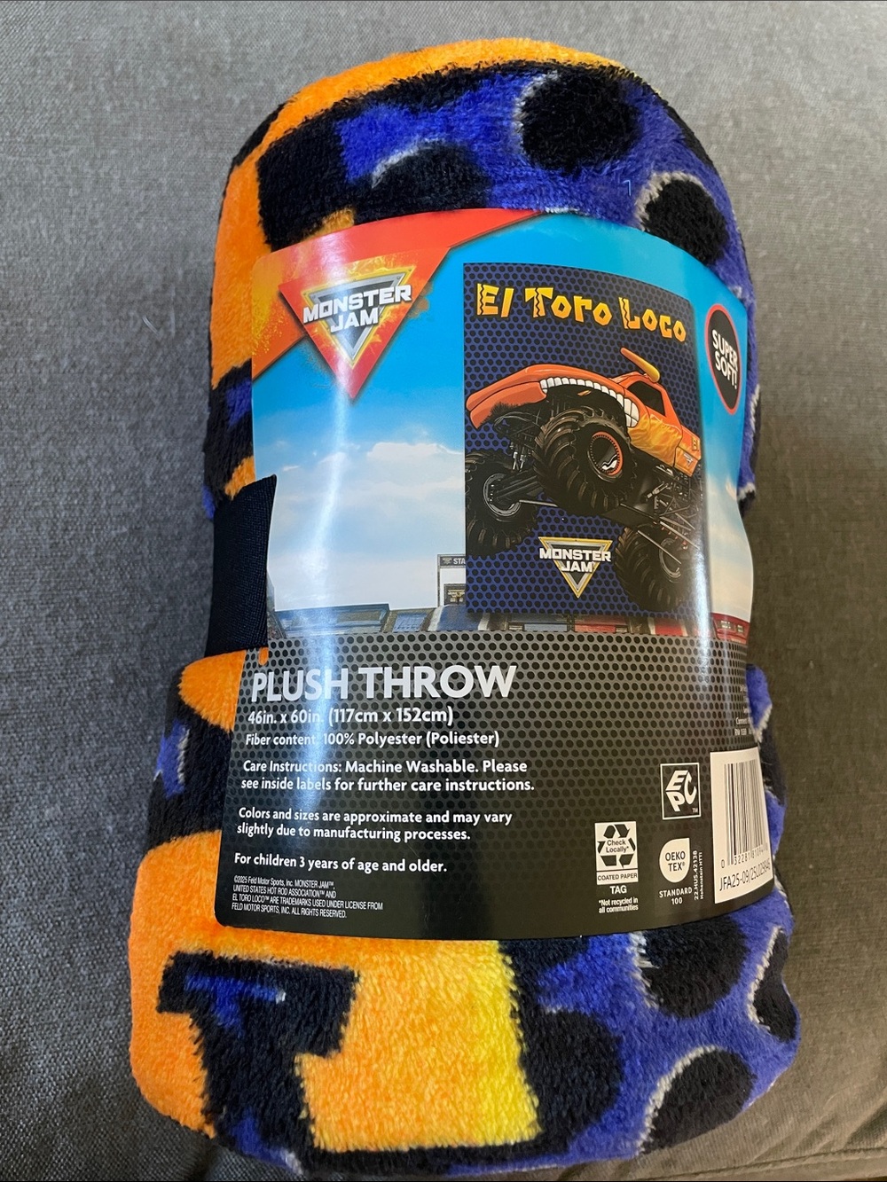 Monster Jam 'El Toro Loco' Plush Throw - Orange & Blue Spot